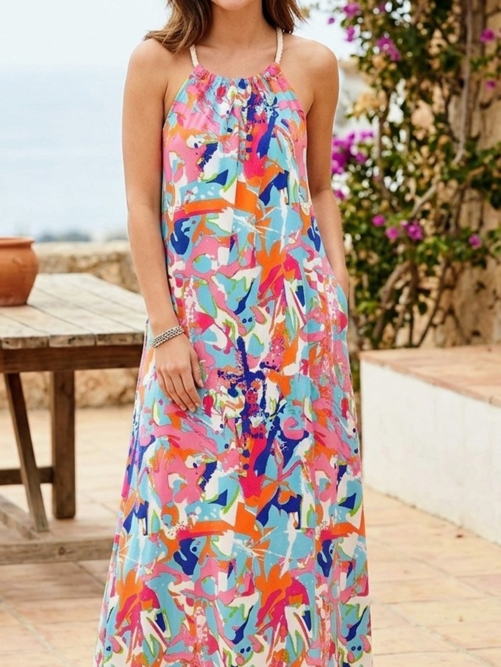 Sleeveless Multicolor Halter Maxi Dress
